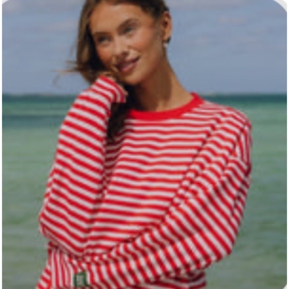 Daily Drills Stripe Cotton Long Sleeve Crew Heart Pale Pink Stripe Size M/L NIB